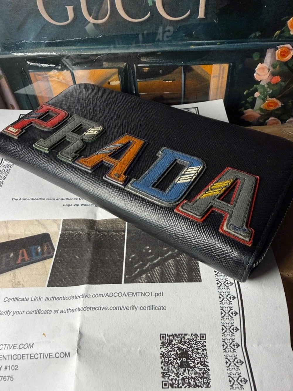 Prada Black Saffiano Leather Zip Wallet with Multicolor Letter Patches w/coa